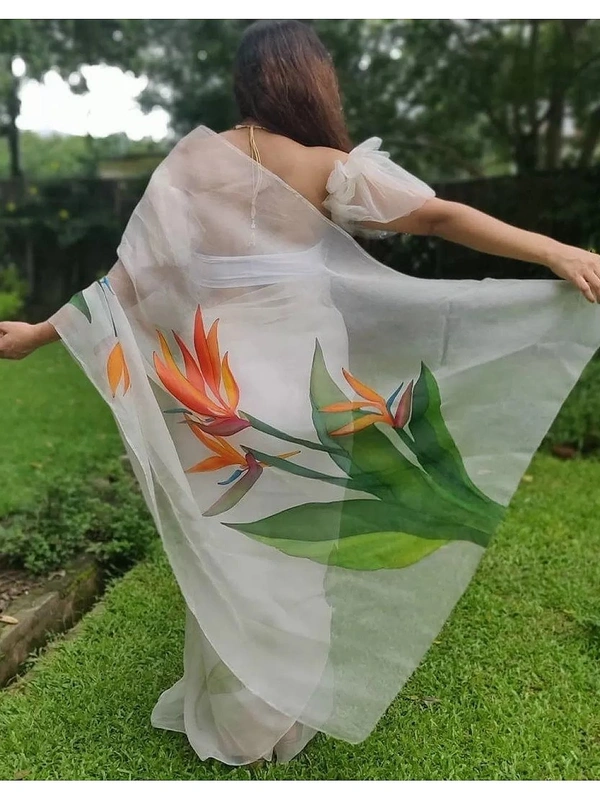 White flower printed organza saree