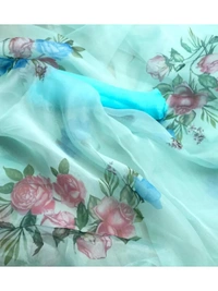 Sea green flower printed organza saree