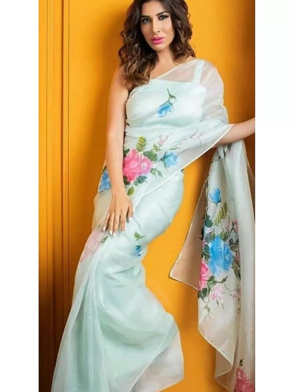 Sea green flower printed organza saree