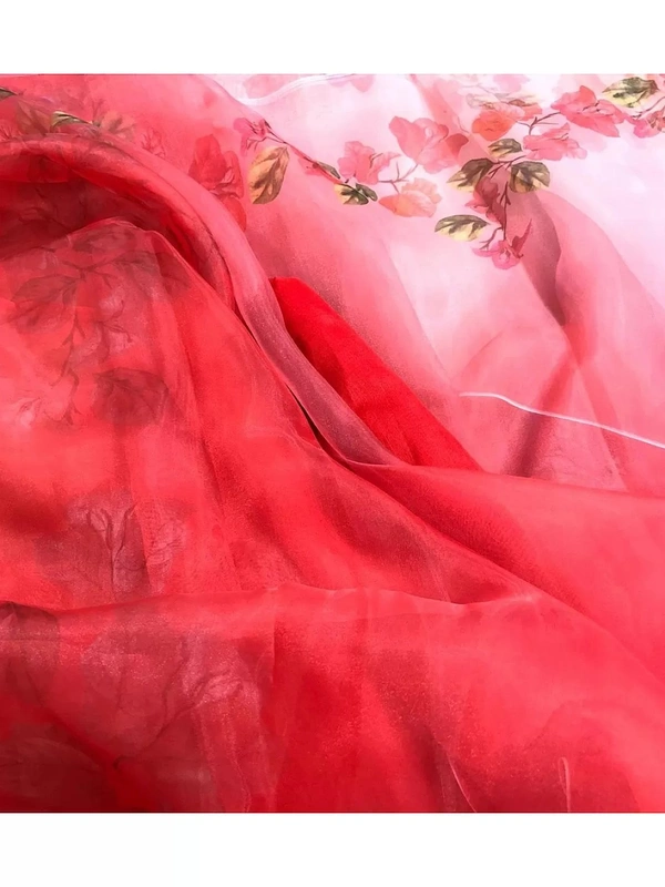 Multi shaded Red flower printed organza saree