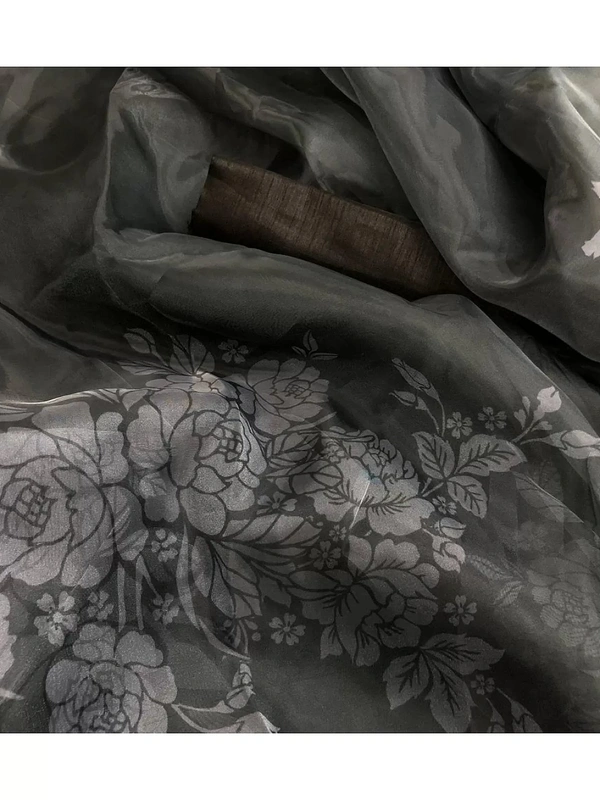 Black flower printed organza saree