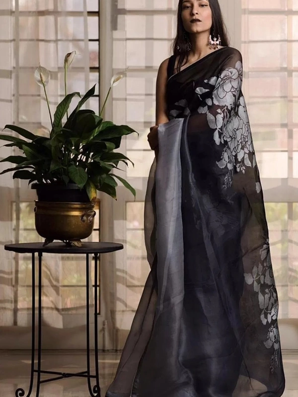 Black flower printed organza saree