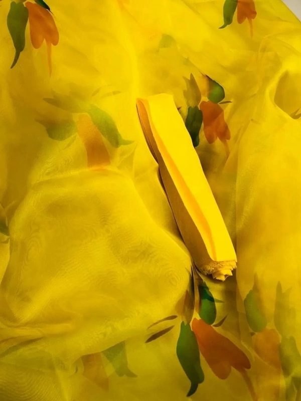 Yellow flower printed organza saree