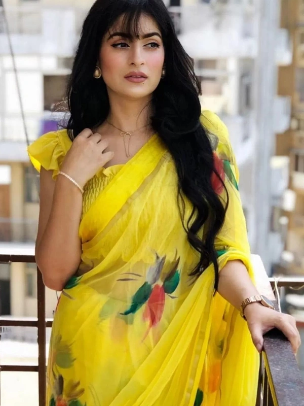 Yellow flower printed organza saree