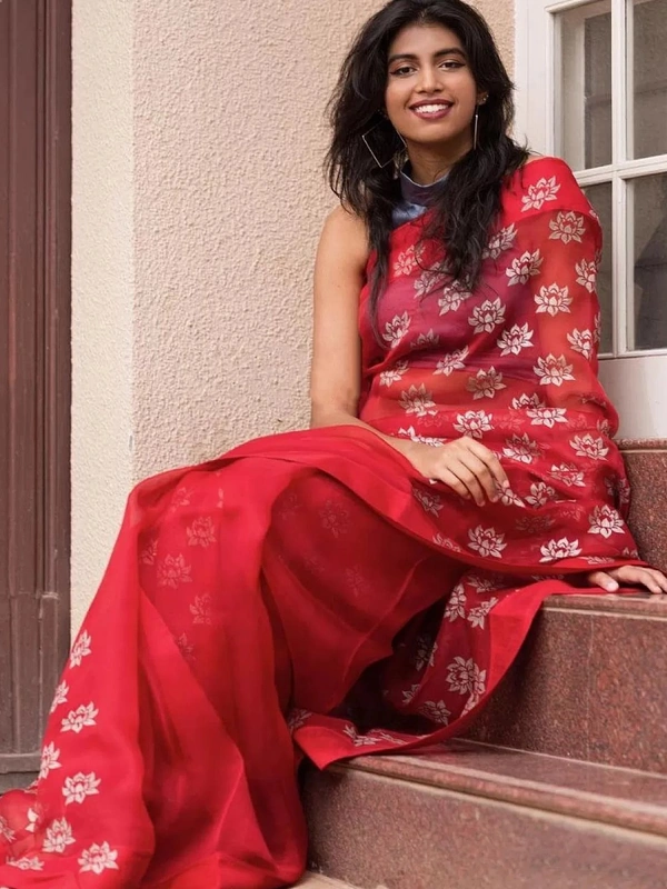 Red flower printed organza saree