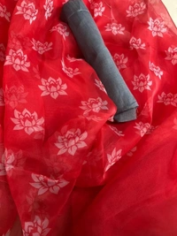 Red flower printed organza saree