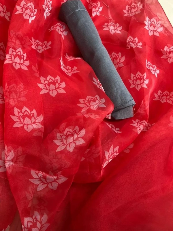 Red flower printed organza saree