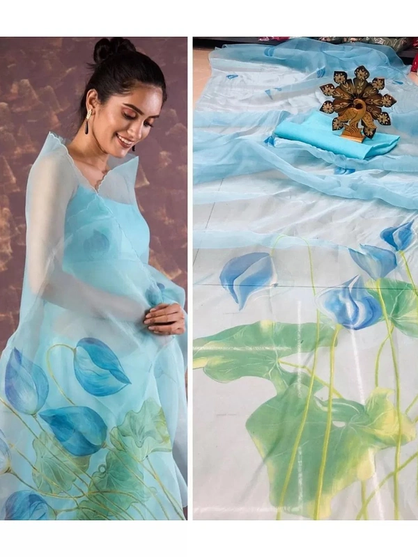 Sky blue flower printed organza saree