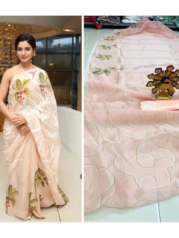 Cream printed organza saree