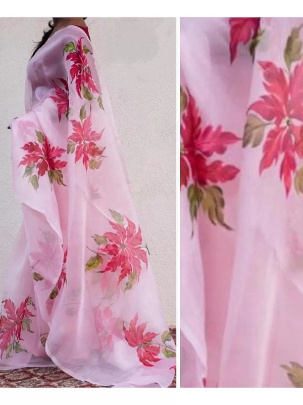 Baby pink floral printed organza saree