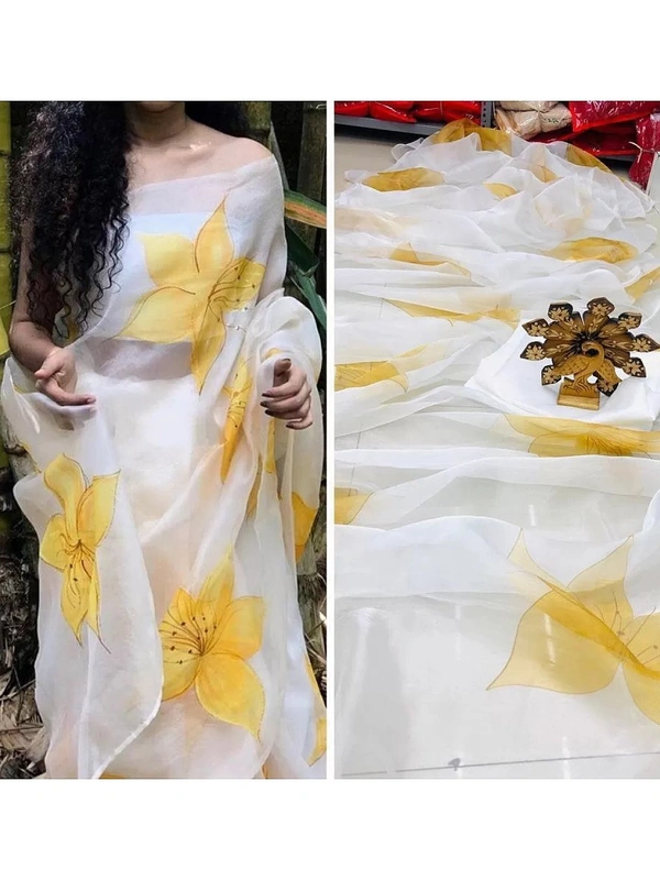 White yellow flower printed organza saree