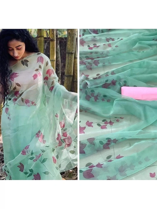 Sea green floral printed organza saree