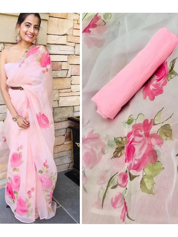 Light baby pink floral printed organza saree