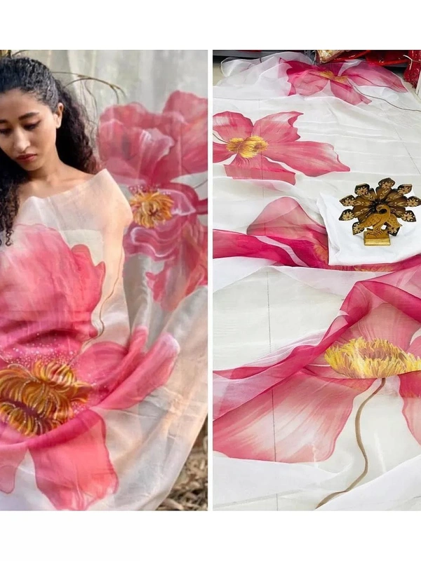 White big flower printed organza saree