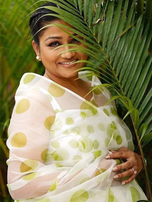 White green dot printed organza saree