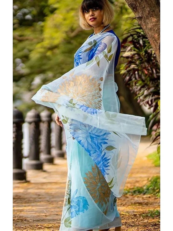 Sky blue printed organza saree
