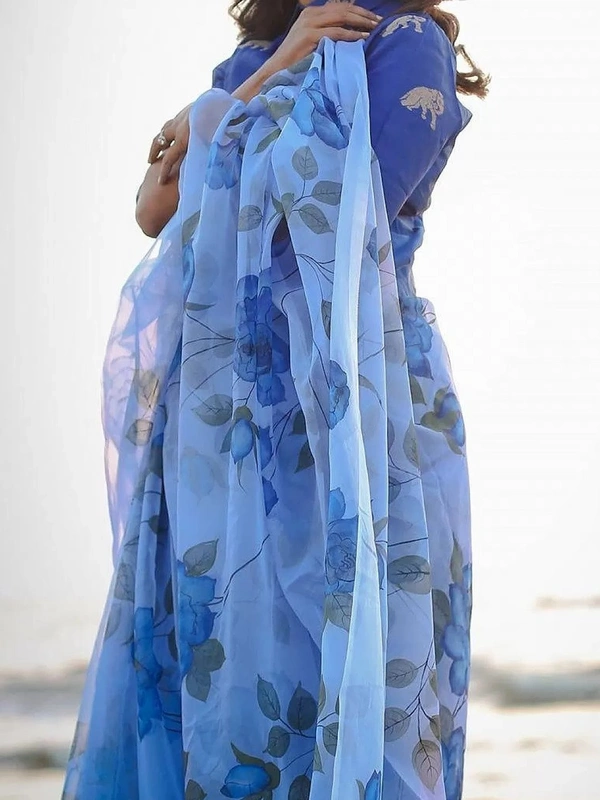 Sky blue floral printed organza saree