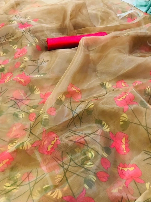 Brown floral printed organza saree