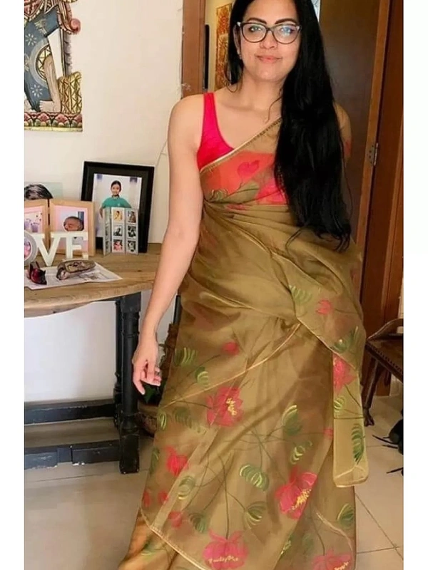 Brown floral printed organza saree
