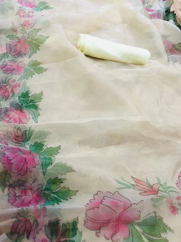 Off white floral printed organza saree