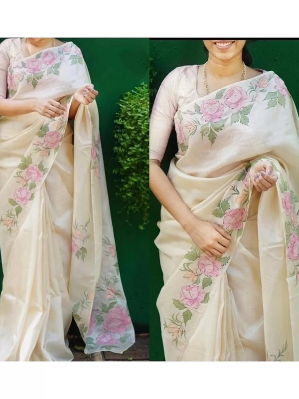 Off white floral printed organza saree