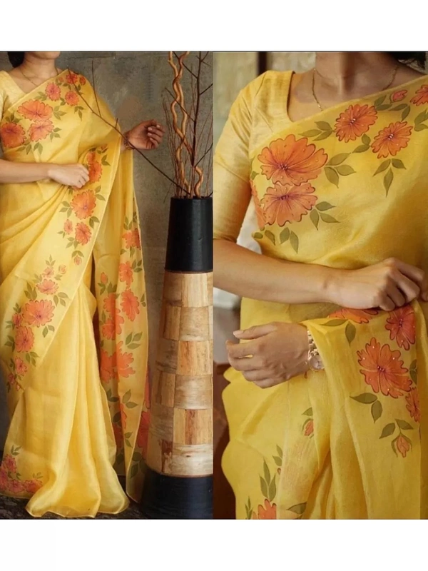 Yellow floral printed organza saree