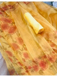 Yellow floral printed organza saree