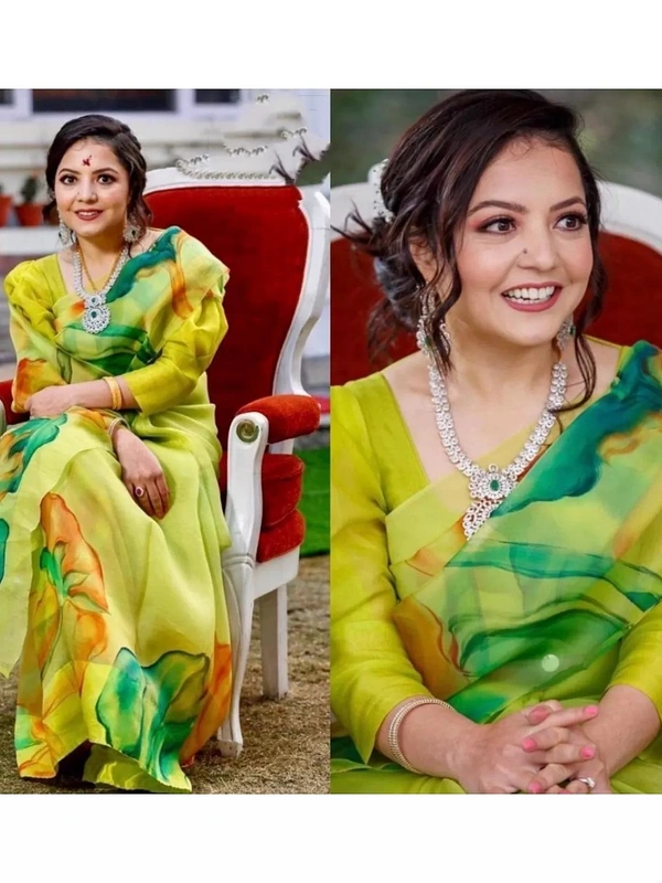Multi shaded green printed organza saree