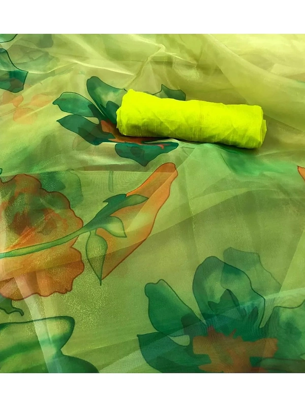 Multi shaded green printed organza saree
