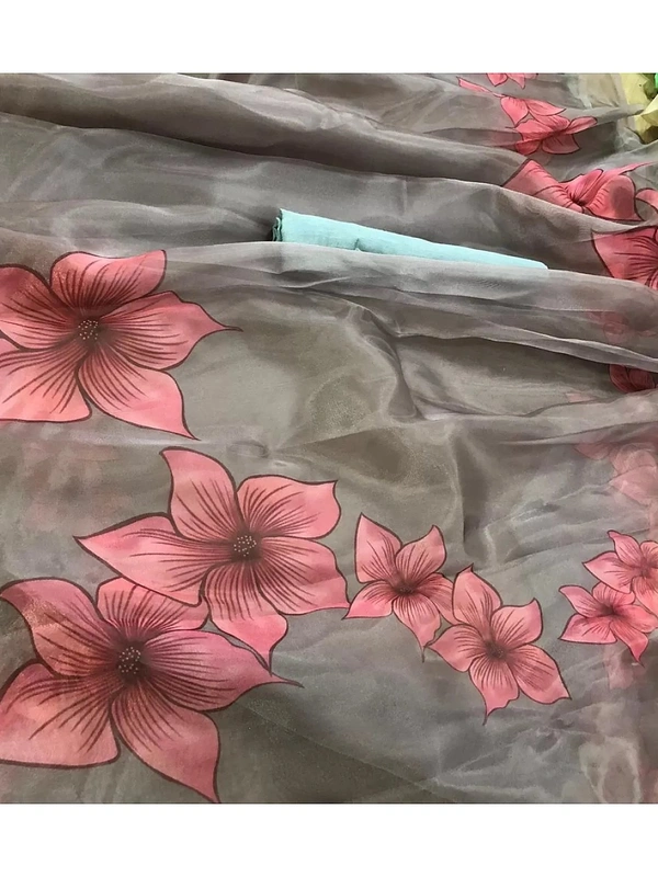 Grey floral printed organza saree