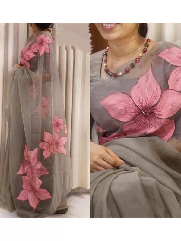 Grey floral printed organza saree