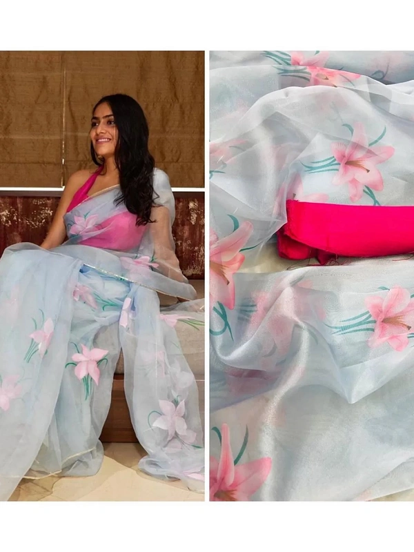 Sky blue flower printed organza saree