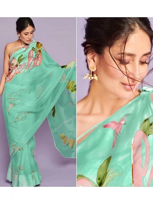Sea green organza digital printed saree