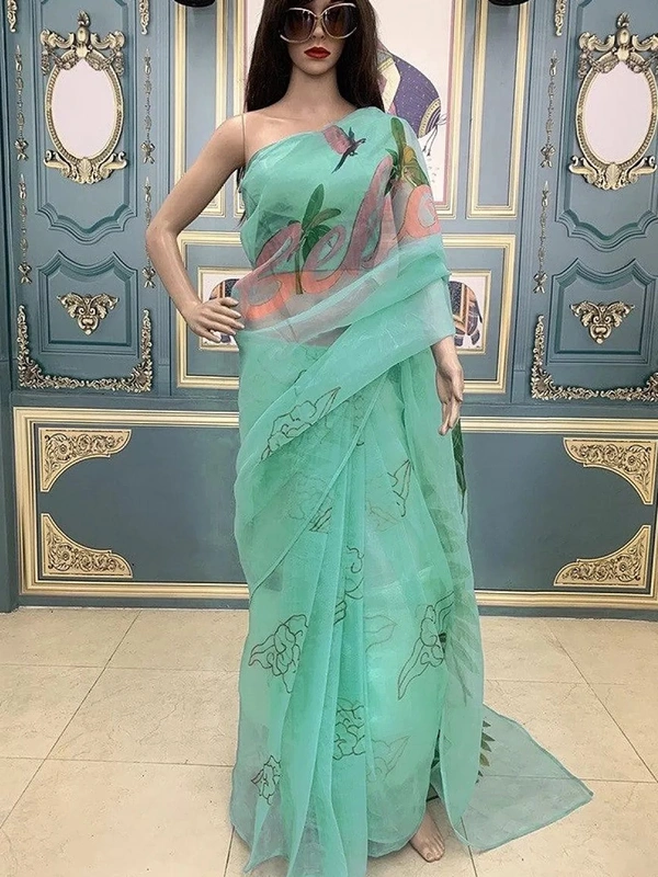 Sea green organza digital printed saree