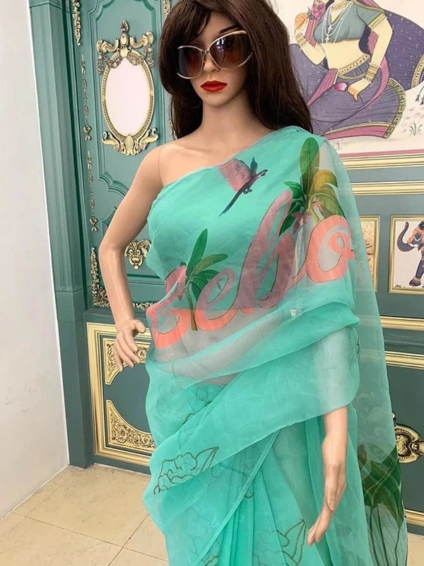 Sea green organza digital printed saree
