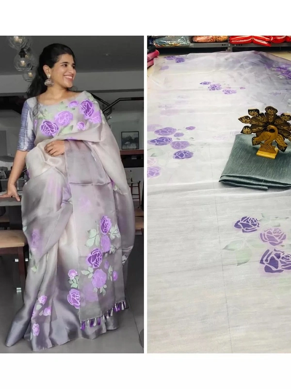 Grey floral printed organza saree