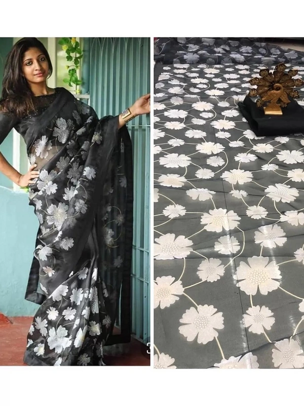 Black flower printed organza saree