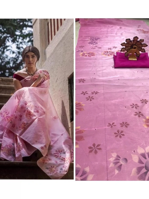 Baby pink digital printed organza saree