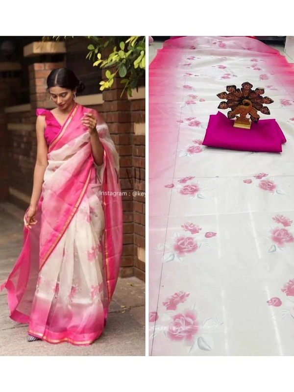 White pink border floral printed organza saree