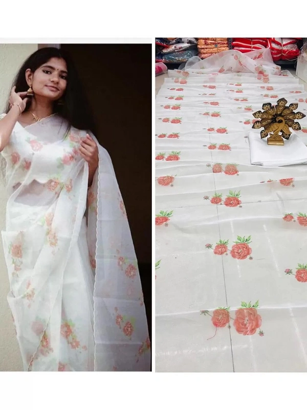 White flower printed organza saree