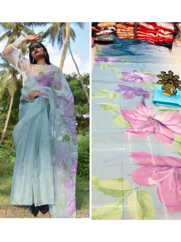 Sky blue big flower printed organza saree