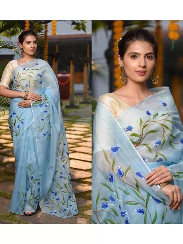 Sky blue floral printed organza saree