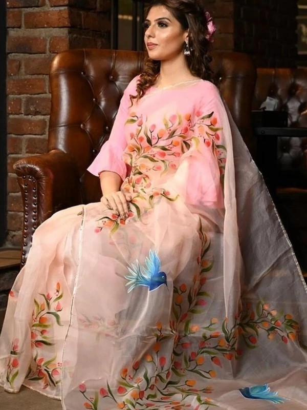 Peach floral printed organza saree
