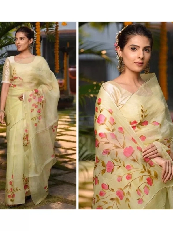 Yellow organza pink flower printed saree