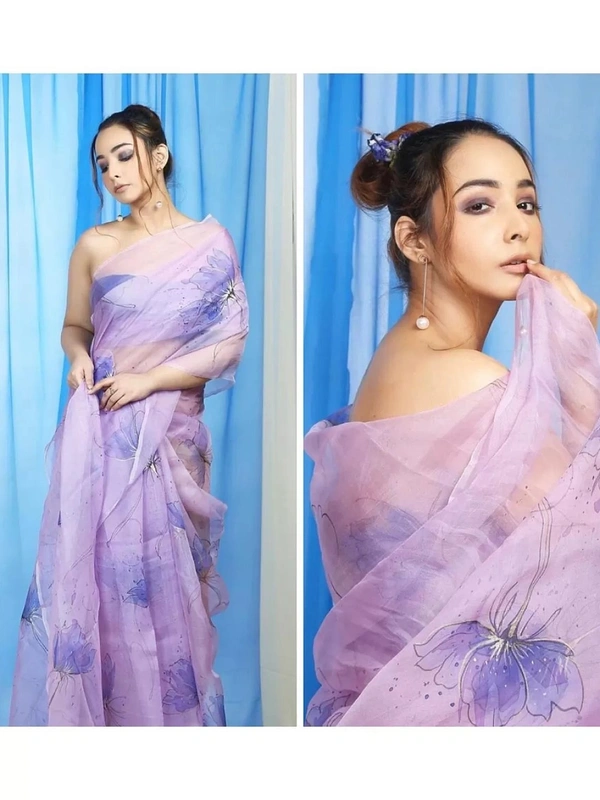 Purple floral printed organza saree