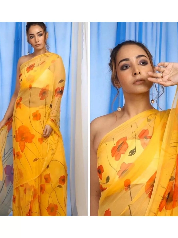 Yellow floral printed organza saree