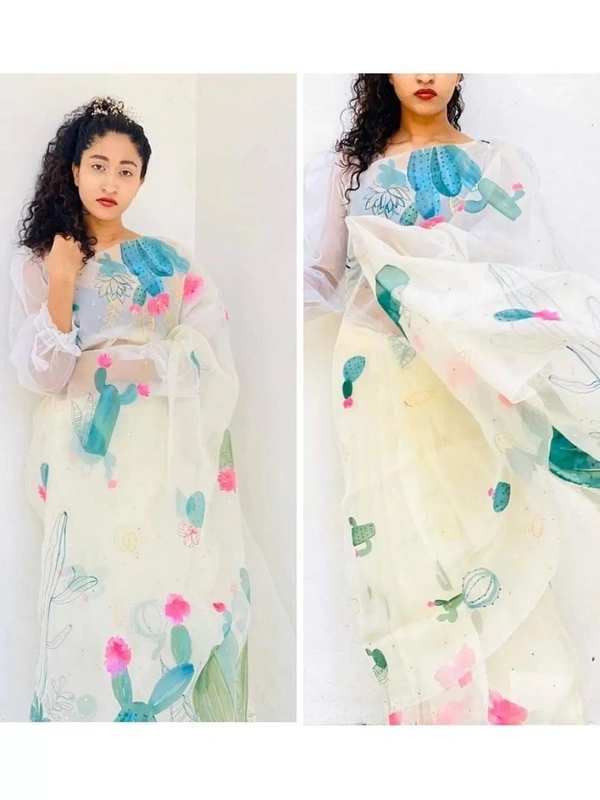 White multicolor fancy printed organza saree