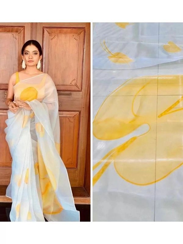White big yellow leaf printed organza saree