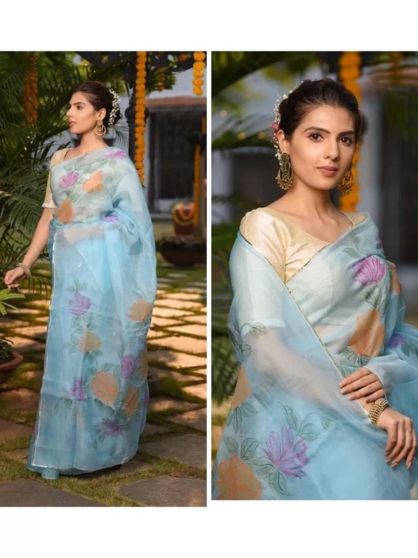 Sky blue flower printed organza saree