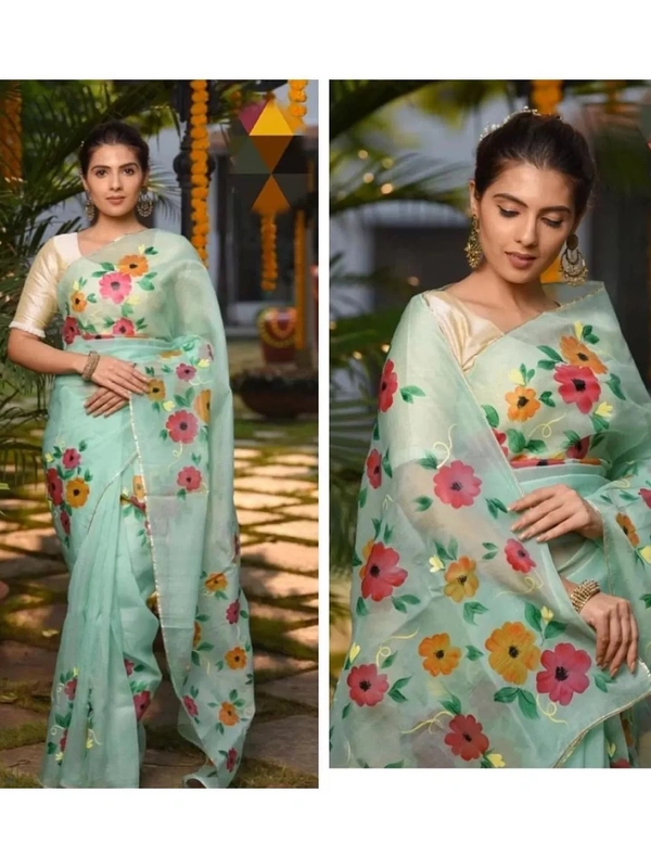 Sea green multicolor flower printed organza saree